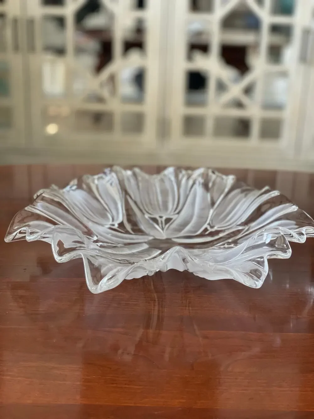 Crystal Dish Etched Floral Design 13 Inch Diameter